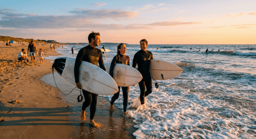 Surfeurs sur la plage de Guidel, spot réputé en Bretagne Sud