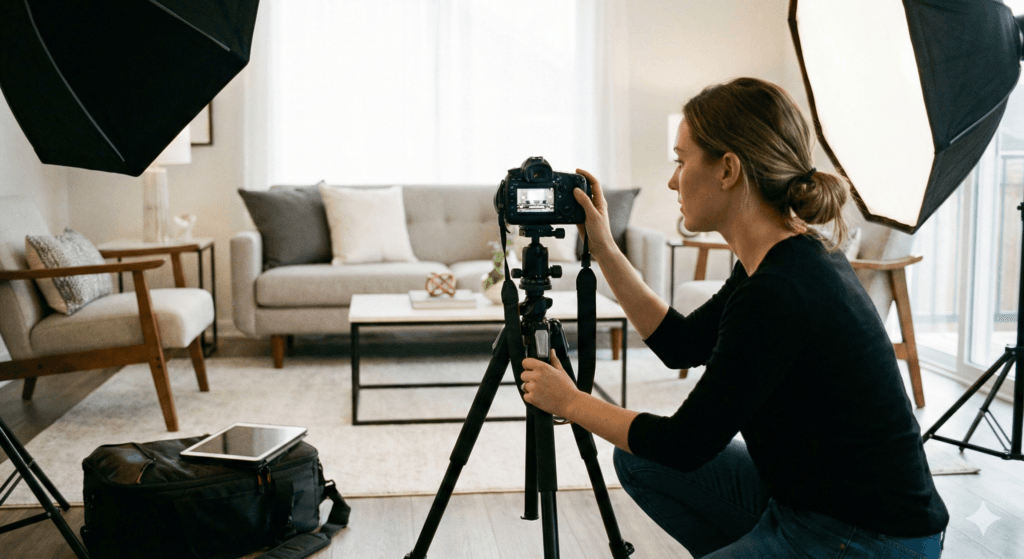 Photographe professionnel immobilier en action avec trépied pour mise en valeur appartement Airbnb